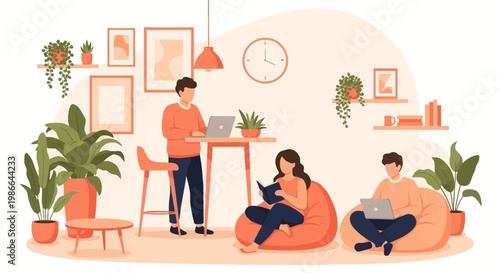 Young people relaxing and working in a cozy modern living room.