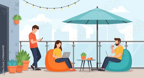 Young people relaxing and working on a balcony.