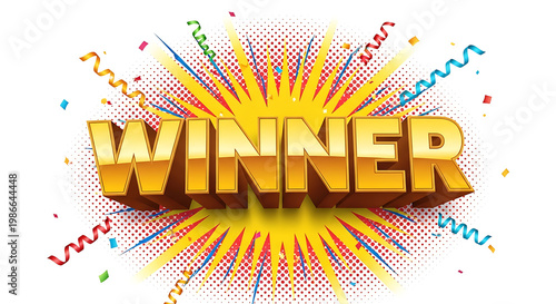 Colorful 'winner' text with confetti and rays, on white background, celebration