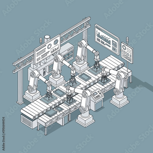 Industrial robots working on assembly line.