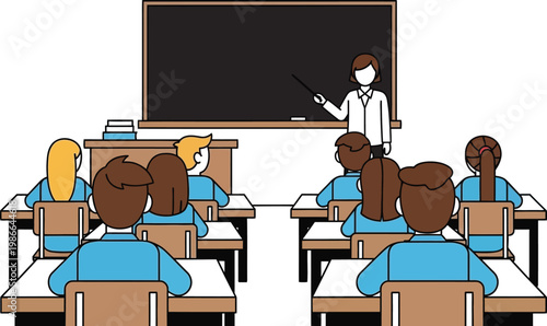 Teacher instructing students in a classroom with a blackboard