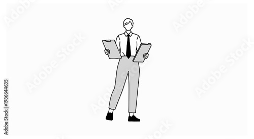 A full length line art drawing of a professional man wearing a shirt and tie while holding a clipboard and document folder on a white background.
