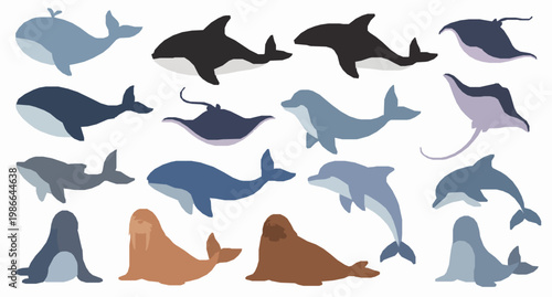 Sea animals vector set with whales killer whale stingray and ocean mammals isolated on white background