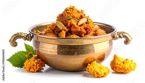 A copper bowl filled with food and surrounded by some fried treats