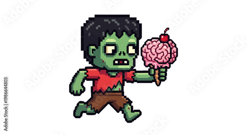 Pixel Art Zombie Character Holding Brain Ice Cream Cone.