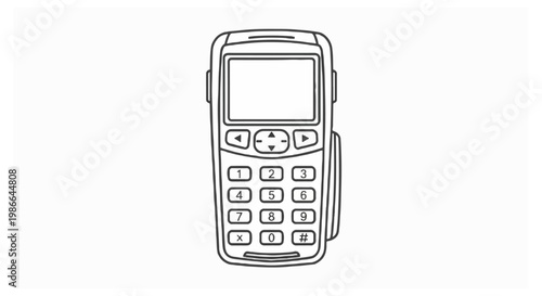 A detailed line drawing of a mobile credit card machine showing a blank rectangular screen and numeric keypad against a solid white background.