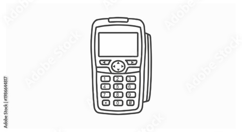 A clean line art illustration of a handheld payment terminal with a numeric keypad and blank display screen isolated on a white background.
