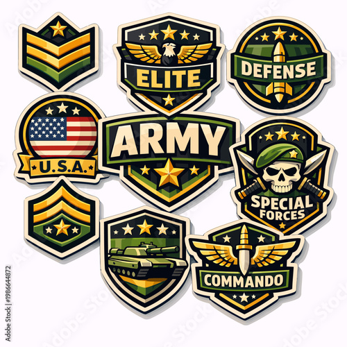 A collection of military-themed badges and emblems featuring various symbols, ranks, and text like Army, Elite, and Special Forces.