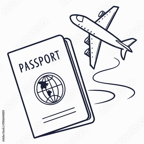 A minimalist vector graphic of a passport and airplane in flight, symbolizing travel and adventure.