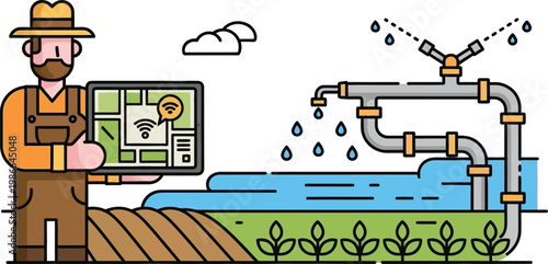 Farmer using tablet for smart irrigation system in agriculture, technology concept