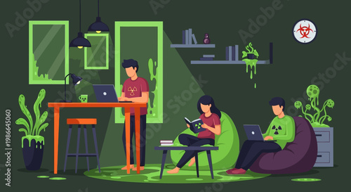 Young people studying and relaxing in a modern living room.