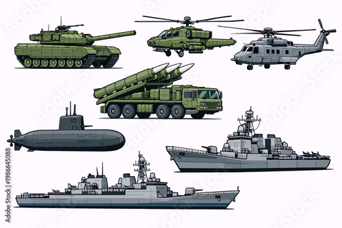 Collection of military vehicles and equipment including a tank, helicopters, missile system, submarine, and warships, depicted in detailed illustrations.