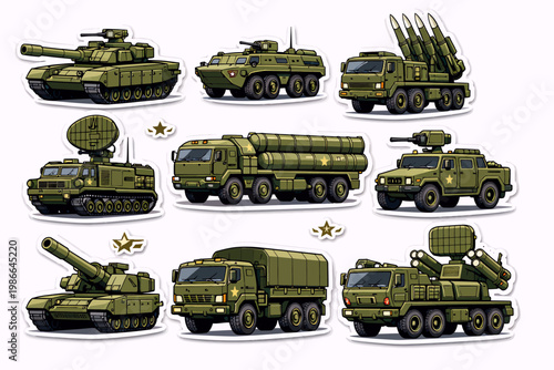 A collection of cartoon-style military vehicles including tanks, trucks, and missile launchers, depicted as stickers on a white background.