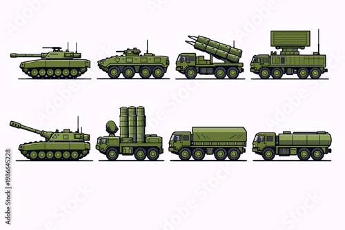 Collection of various green military vehicles including tanks, armored personnel carriers, missile launchers, radar systems, and support trucks in a stylized illustration.