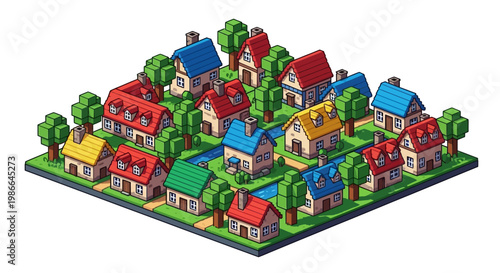 Pixel Art Isometric Village Houses and Trees.
