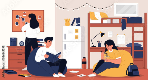 Students studying and relaxing in a dorm room setting.