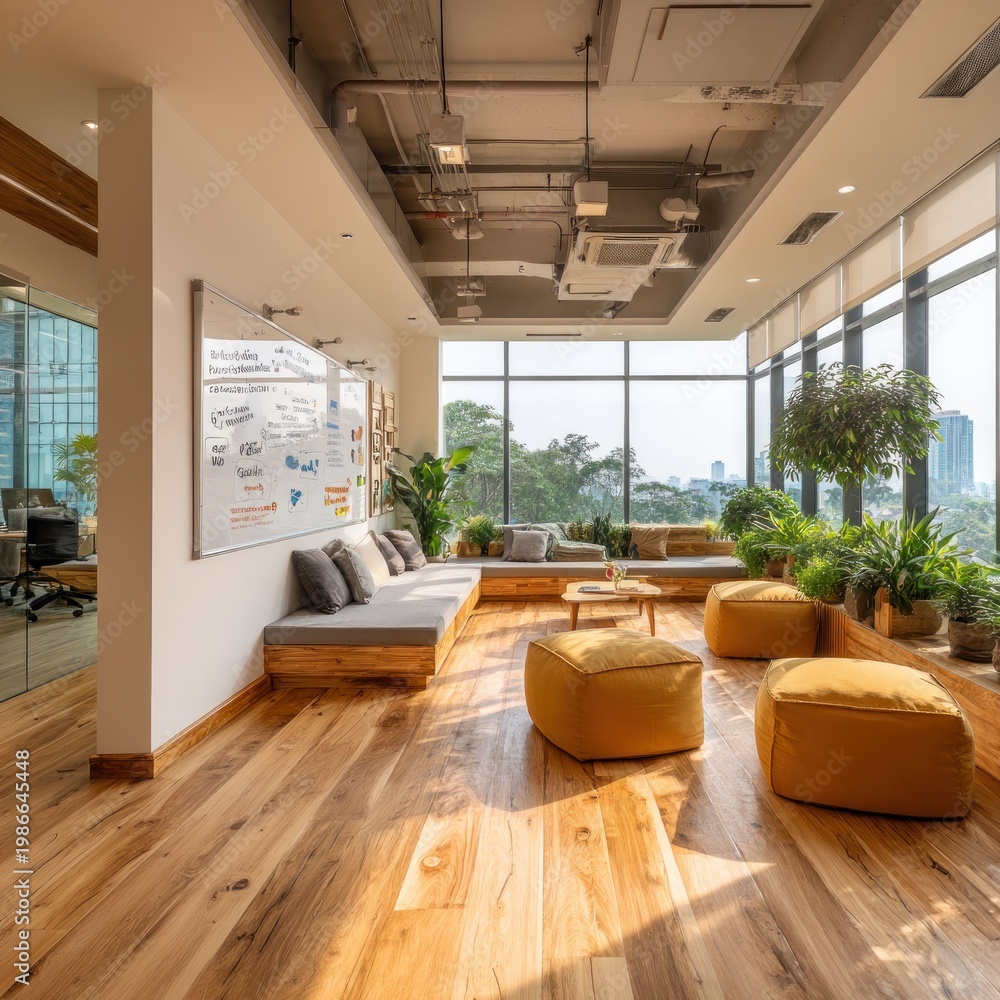 Fototapeta premium Modern office interior with large windows and wooden floor