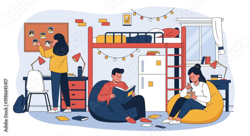 Students studying and relaxing in a dorm room setting.