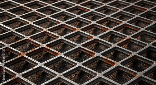 Diamond plate metal grating texture close up with rust and weathered surface