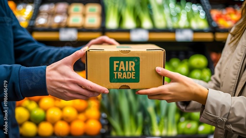 Fair trade product exchange between people in grocery store ethical shopping concept