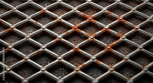 Detailed view of rusted diamond metal mesh texture, showcasing industrial decay and resilient raw surface