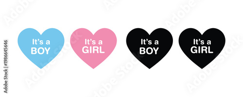 It's a Boy and It's a Girl heart icon set for baby shower.  heart shaped labels for gender reveal and newborn celebration. Vector Illustration