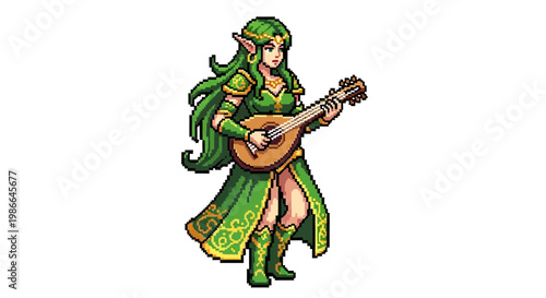 Pixel Art Elf Bard Playing Lute in Green Attire.