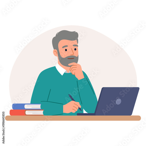 A man sits at a desk with a laptop, books, and a thoughtful expression on his face.