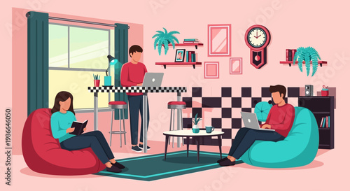 Three people working and relaxing in a modern living room.