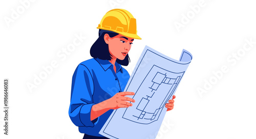 Woman architect reviewing blueprints on construction site.