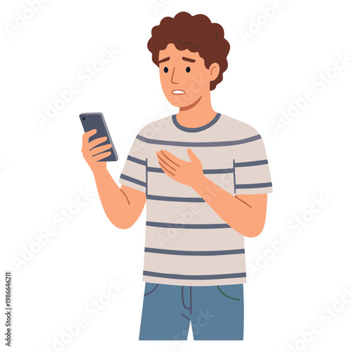 Man looks concerned while checking phone in casual outfit indoors