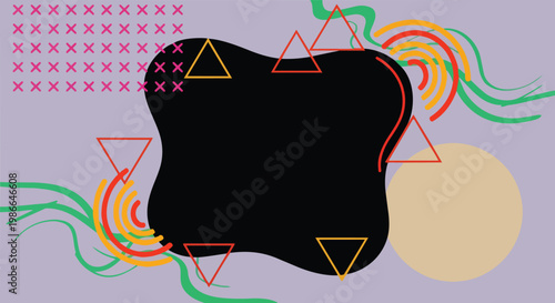 Abstract art piece featuring geometric shapes and colorful lines on purple background