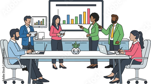 Diverse business team collaborating in a modern office meeting, presenting financial charts.