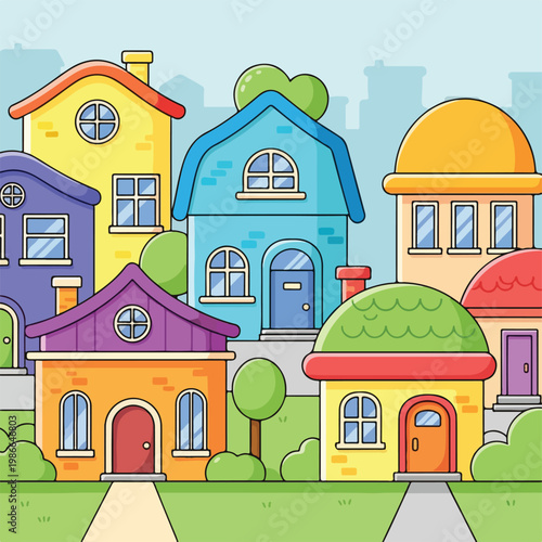 Colorful cartoon houses in a neighborhood setting