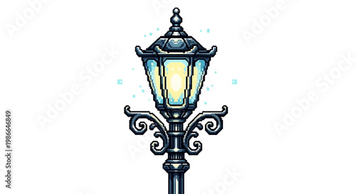 Vintage ornate street lamp with glowing light.