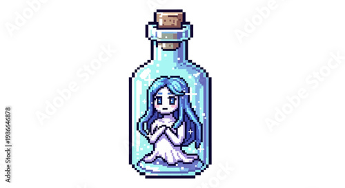 Pixel Art Mermaid Trapped Inside a Glass Bottle.
