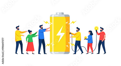 Team charging a giant battery with energy and teamwork.