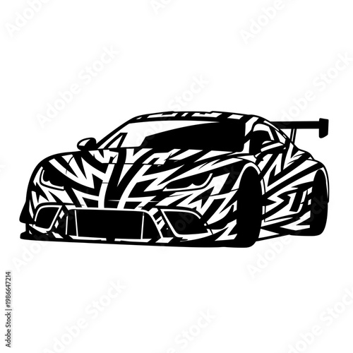 Modern Sports Car with Abstract Camouflage Livery, Racing Design, Vector Silhouette