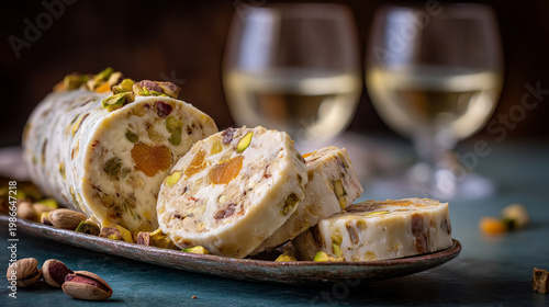 Elegant nougat with pistachios and wine glasses.