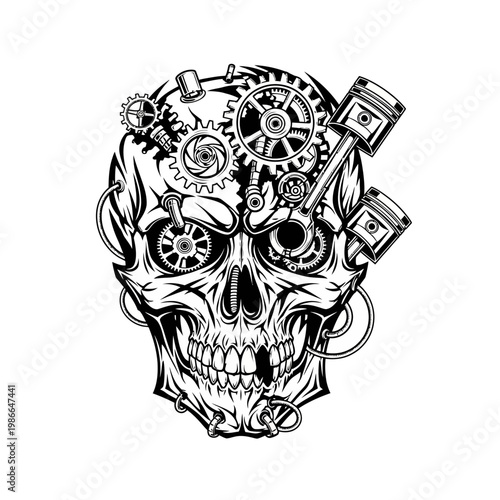 Steampunk Skull with Gears and Pistons - Mechanical Human Head Illustration