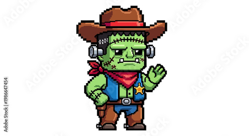 Pixel Art Frankenstein Cowboy Character Illustration.