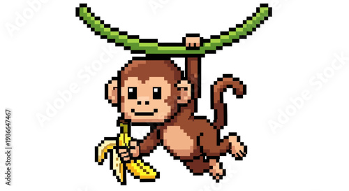 Pixel Art Monkey Swinging with Banana.
