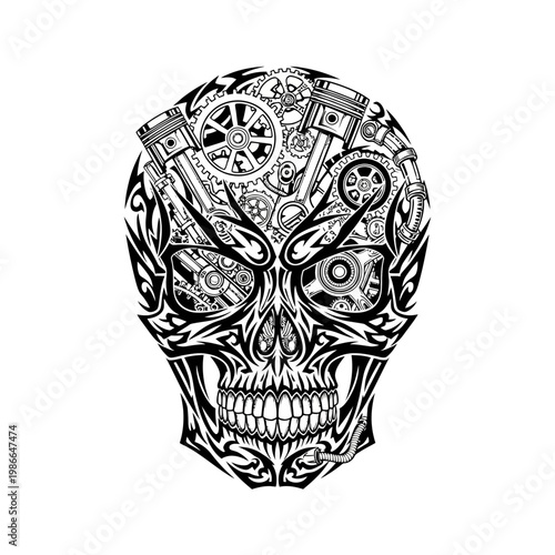 Steampunk Skull with Gears and Pistons, Tribal Tattoo Art, Black and White