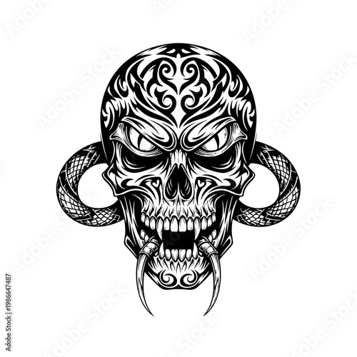Scary Skull with Snakes and Tribal Tattoo - Dark Art