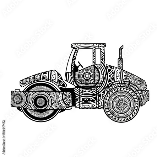 Steamroller with intricate tribal patterns, graphic illustration on white background