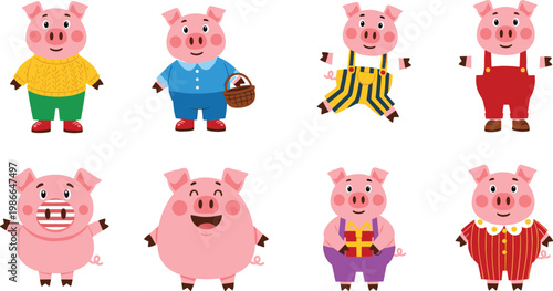 Cute Cartoon Pig Character Collection with Funny Farm Animals in Different Costumes for Kids Design Projects