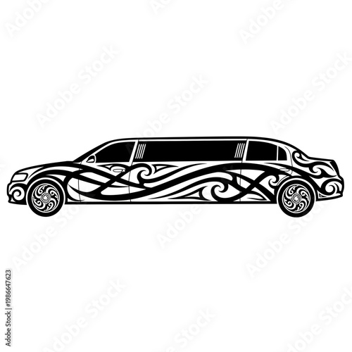 Tattoo Style Limousine Vector - Black and White Tribal Art Car Illustration