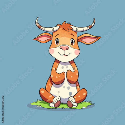 Adorable cow stands, cheerful cartoon with warm bright hues
