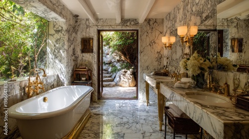 Elegant bathroom interior featuring bathtub sinks and natural light and views