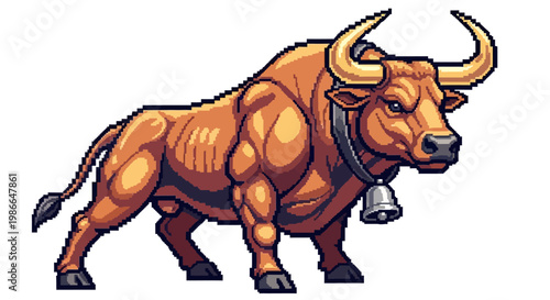 Powerful Muscular Bull with Large Horns and Bell.